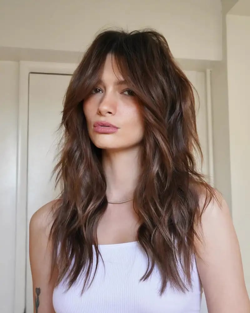 Dark Brown Mid-Back Shag With Highlights — Shag 2027 with Curtain Bangs