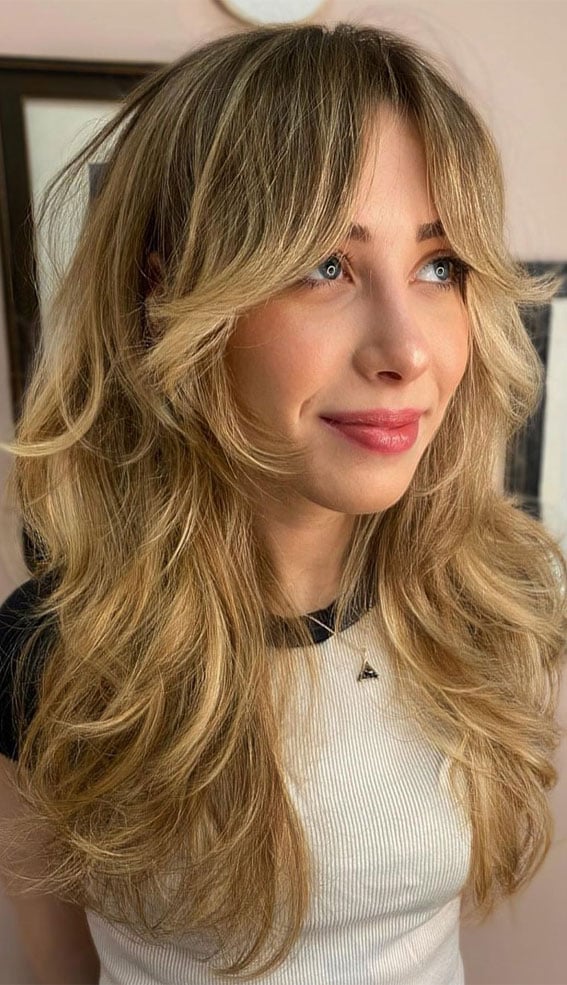 Honey Blonde Mid-Back Shag With Face-Framing — Shag 2027 with Curtain Bangs
