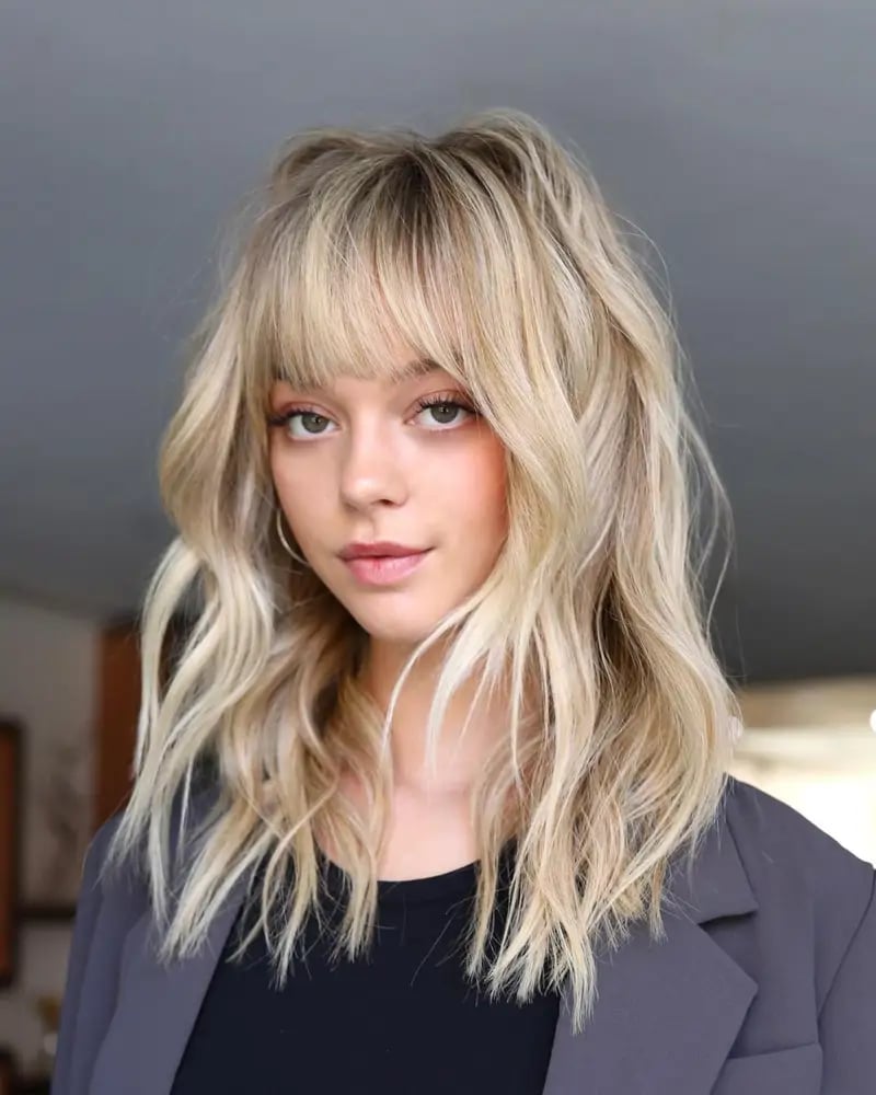 Ash Blonde Collarbone Shag Gentle Blowout — Shag 2027 with Curtain Bangs