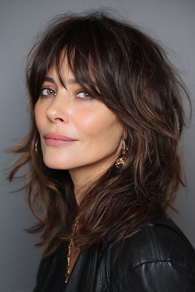 Dark Brown Collarbone Shag Side Part Waves — Shag 2027 with Curtain Bangs