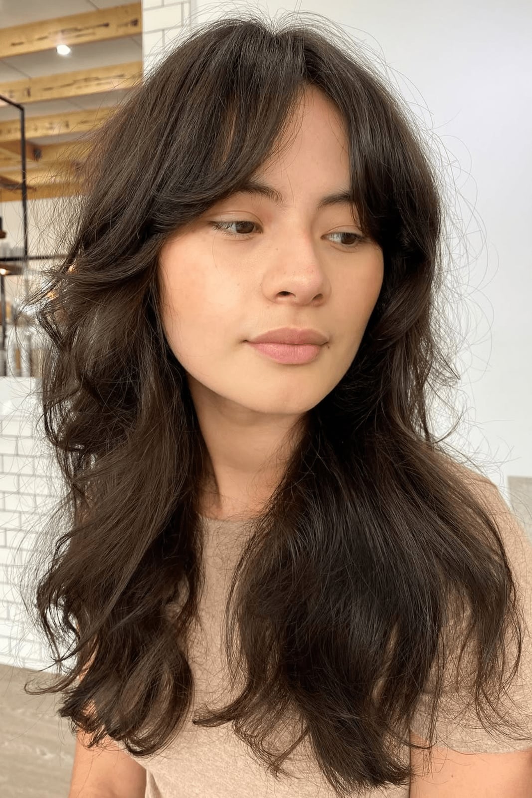 Dark Brown Collarbone Shag With Blonde Highlights — Shag 2027 with Curtain Bangs