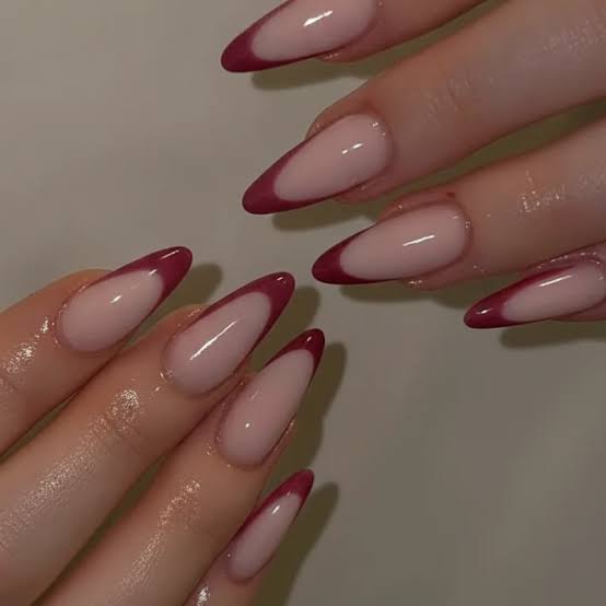 Medium Almond Classic French Deep Red Tips Medium Almond Classic French Deep Red Tips — Almond Nails 2027 for Fat Fingers