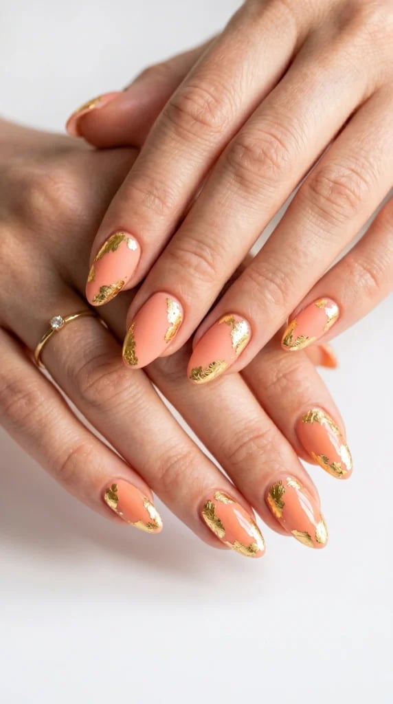 Medium Almond Peach With Gold Foil Accents Medium Almond Peach With Gold Foil Accents — Almond Nails 2027 for Fat Fingers