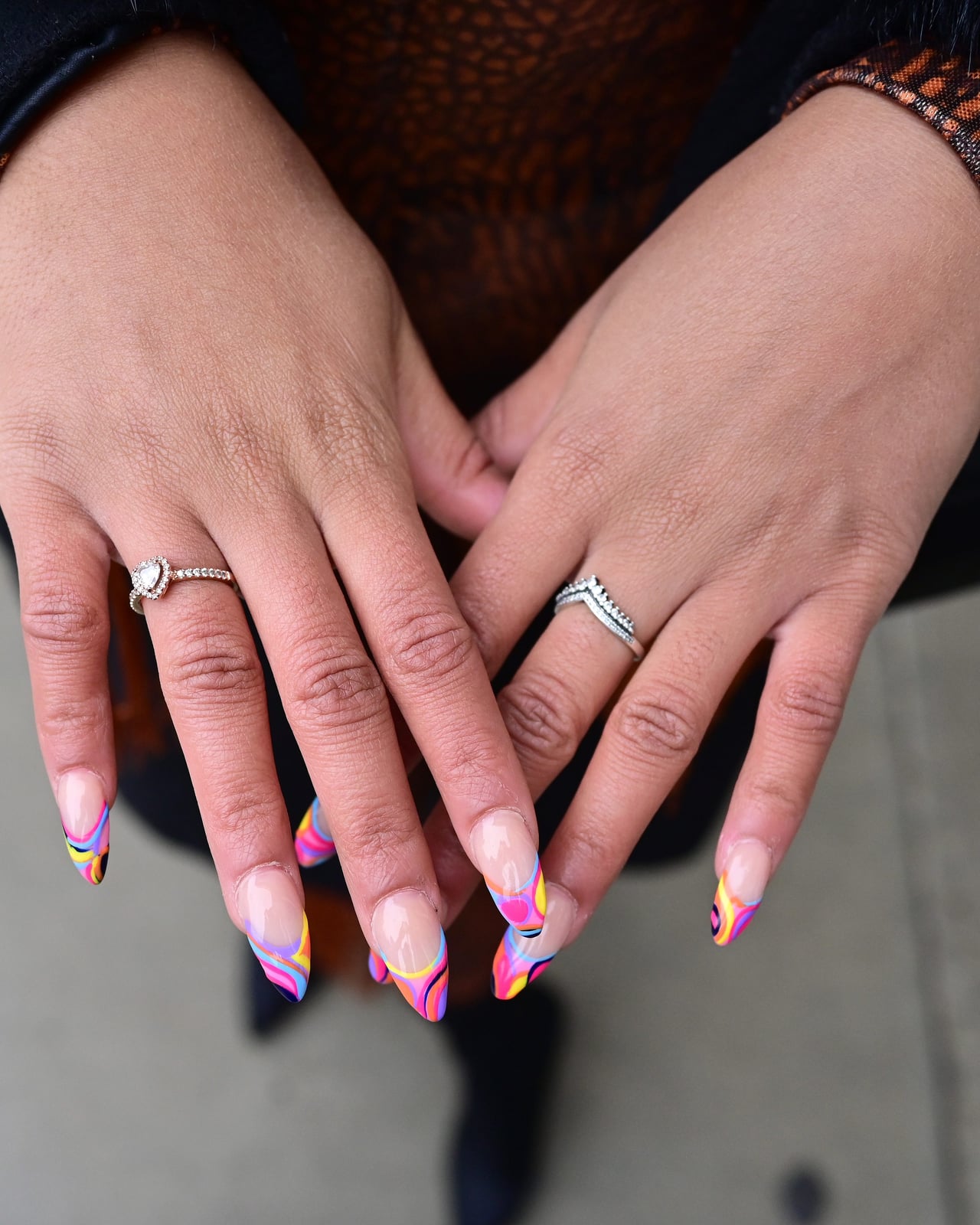 Long Almond French With Abstract Swirls Long Almond French With Abstract Swirls — Almond Nails 2027 for Fat Fingers
