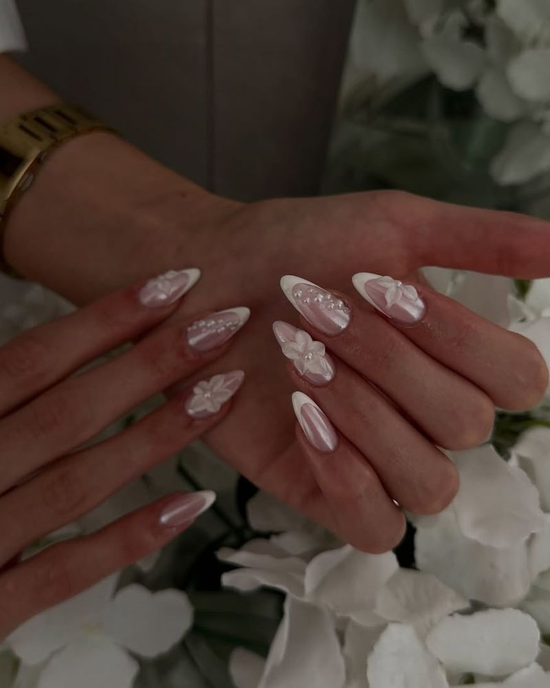 Medium Almond French With 3D Flowers and Pearls, Close-Up Take Medium Almond French With 3D Flowers and Pearls, Close-Up Take — Almond Nails 2027 for Fat Fingers