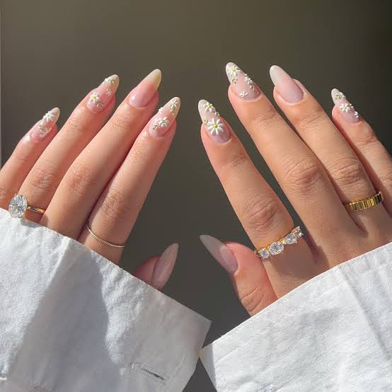 Long Almond Nude With Delicate Floral Accents Long Almond Nude With Delicate Floral Accents — Almond Nails 2027 for Fat Fingers
