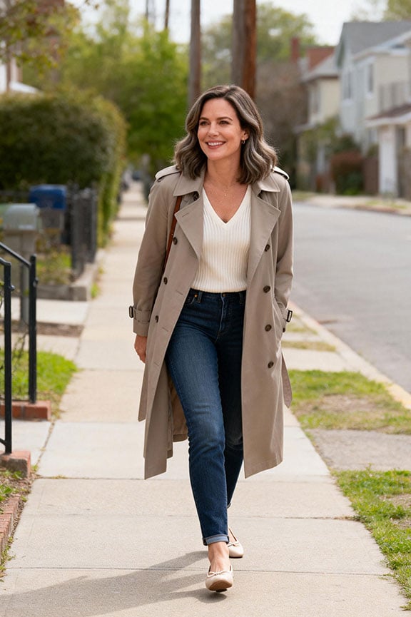 Pointed-toe ballet flats with slim jeans and trench coat Pointed-toe ballet flats with slim jeans and trench coat — Spring Outfits 2027 with Ballet Flats