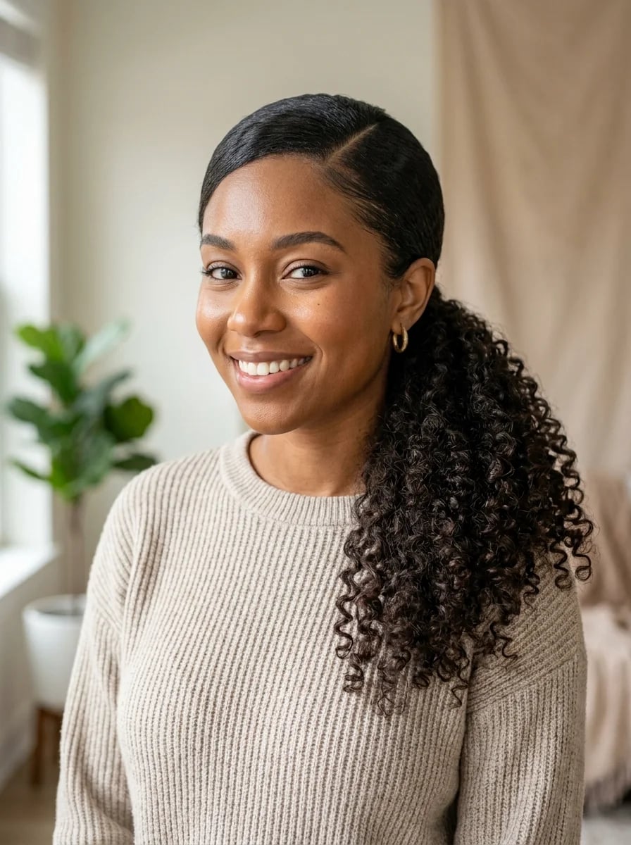 Dark Brown Shoulder Length Defined Curl Ponytail, Textured Shape Dark Brown Shoulder Length Defined Curl Ponytail, Textured Shape — Ponytail Hairstyles 2027 for Curly Hair