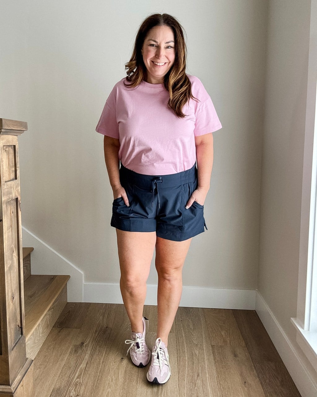 Pink t-shirt with navy drawstring shorts, Close-Up Take Pink t-shirt with navy drawstring shorts, Close-Up Take — Sporty Athletic Outfits 2027
