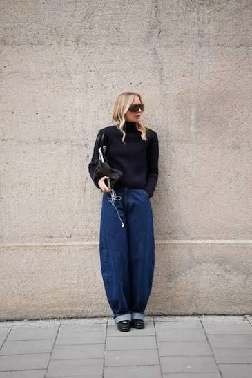 Wide leg barrel jeans and a navy turtleneck Wide leg barrel jeans and a navy turtleneck — Barrel Jeans 2027