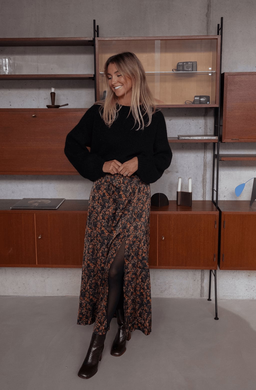 Dark floral maxi skirt with high slit and knit sweater, Close-Up Take Dark floral maxi skirt with high slit and knit sweater, Close-Up Take — Floral Skirt Outfits 2027
