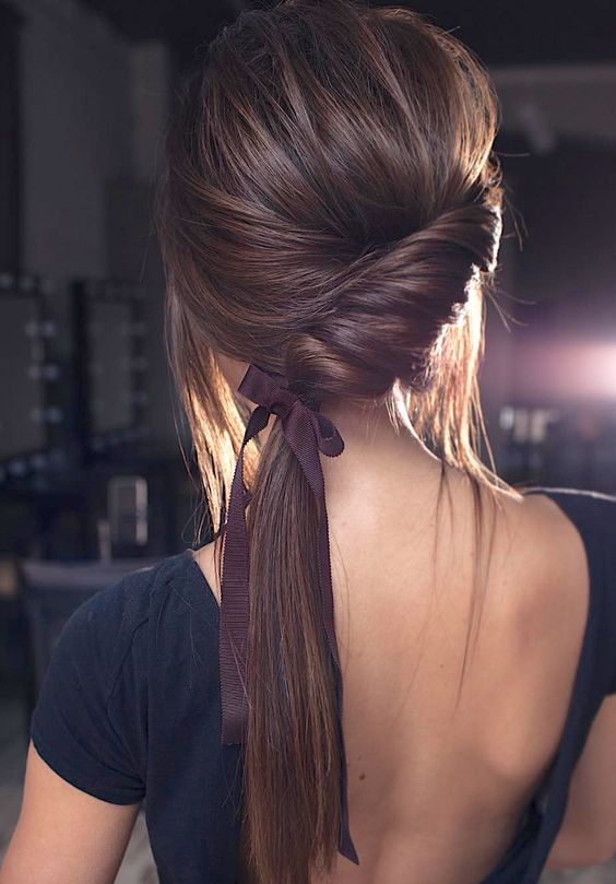 Dark Brown Twisted Ponytail With Ribbon Dark Brown Twisted Ponytail With Ribbon — Birthday Ponytail Hairstyles 2027