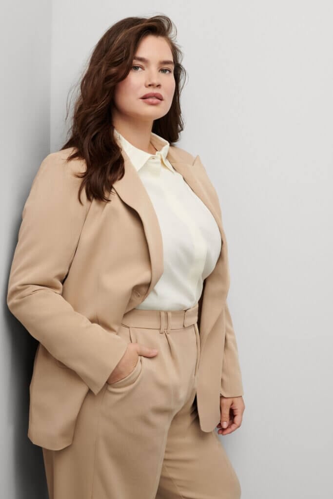 Beige Tailored Suit with Cream Silk Blouse — Business Dinner Outfits 2027