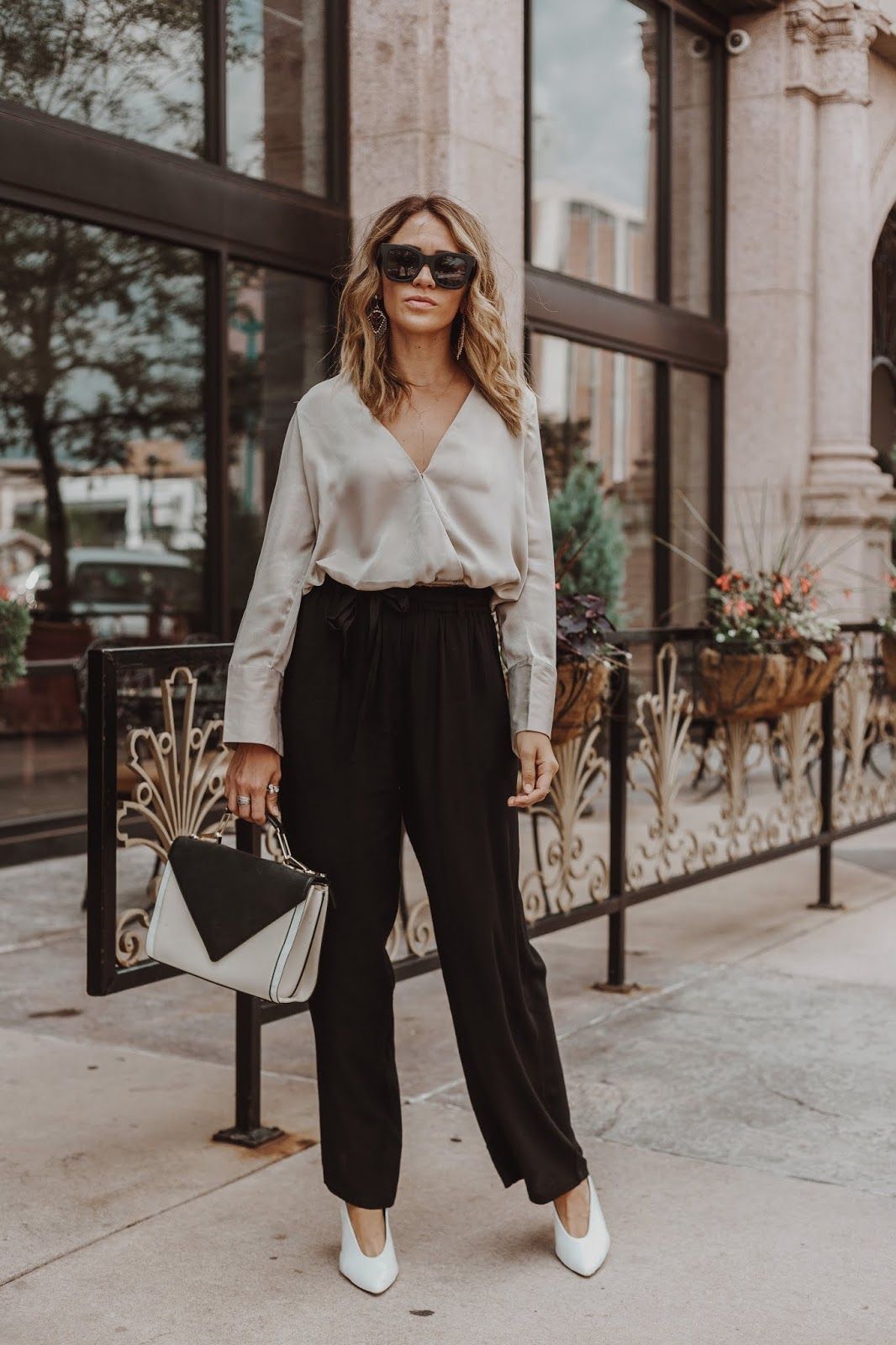 Champagne Silk Blouse with Black Wide-Leg Trousers — Business Dinner Outfits 2027