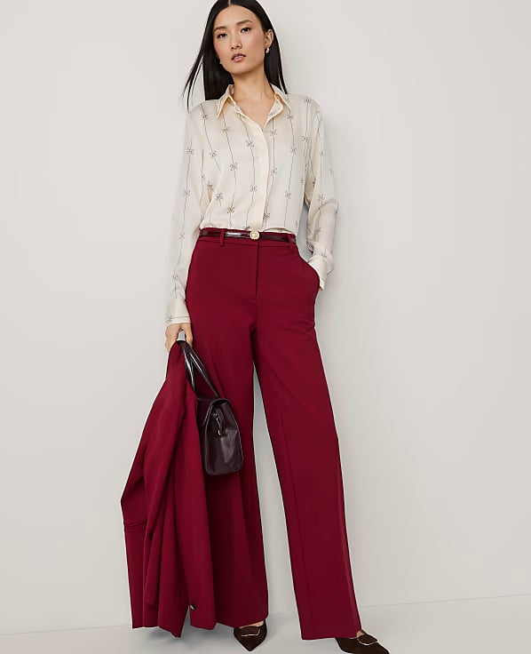 Burgundy Wide-Leg Trousers and Cream Shirt — Business Dinner Outfits 2027