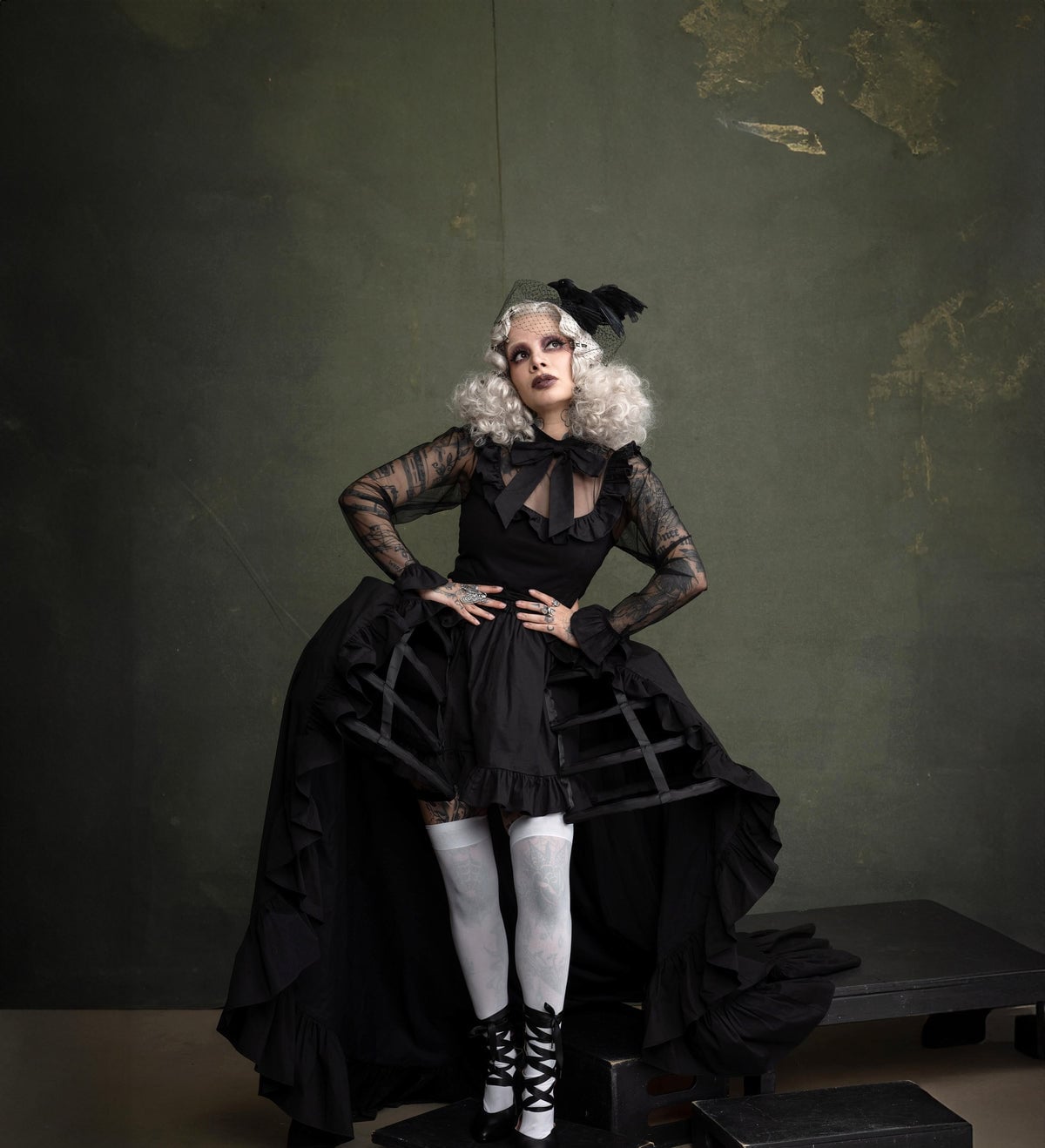 Layered Gothic Skirt with Cage Detail, Black Lace-Up Platform Boots Layered Gothic Skirt with Cage Detail, Black Lace-Up Platform Boots — Vampire Aesthetic Outfits 2027