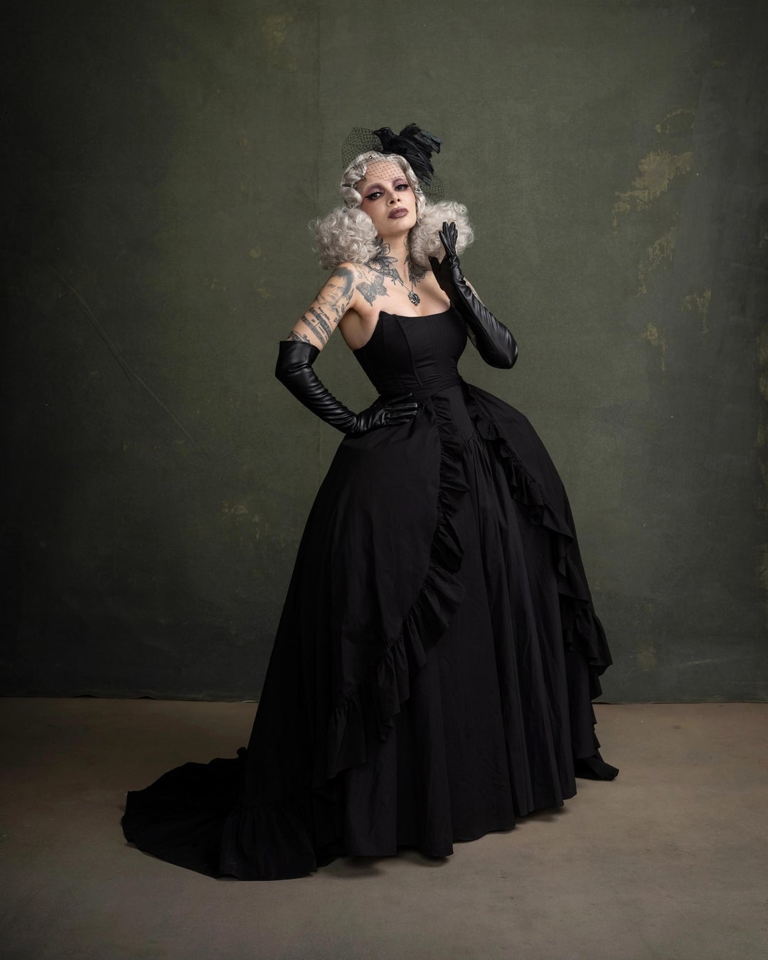 Black Gown with Voluminous Ruffled Skirt, Close-Up Take Black Gown with Voluminous Ruffled Skirt, Close-Up Take — Vampire Aesthetic Outfits 2027