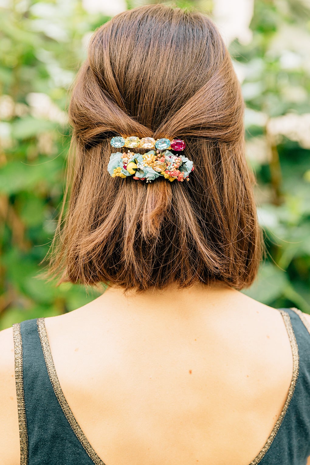 Chin Length Brown Bob Half Up With Colorful Barrettes — Barrette Hair Clip Hairstyles 2027