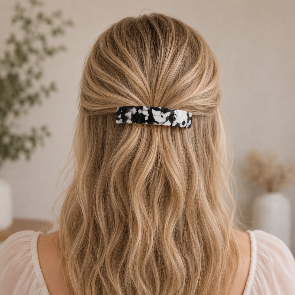 Collarbone Blonde Half Up With Patterned Barrette — Barrette Hair Clip Hairstyles 2027